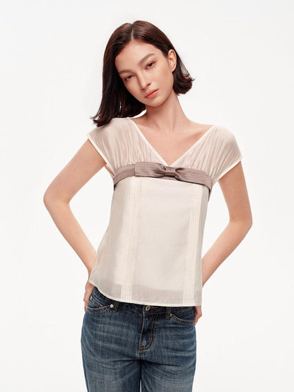 STRIKE A POSE Lilac Colorblock Bow V-neck Pleat Sheer Women&