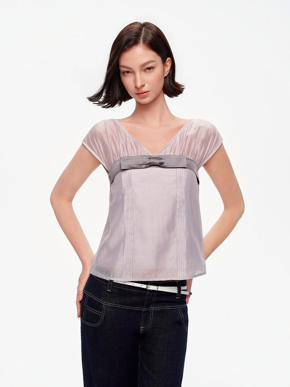 STRIKE A POSE Lilac Colorblock Bow V-neck Pleat Sheer Women&