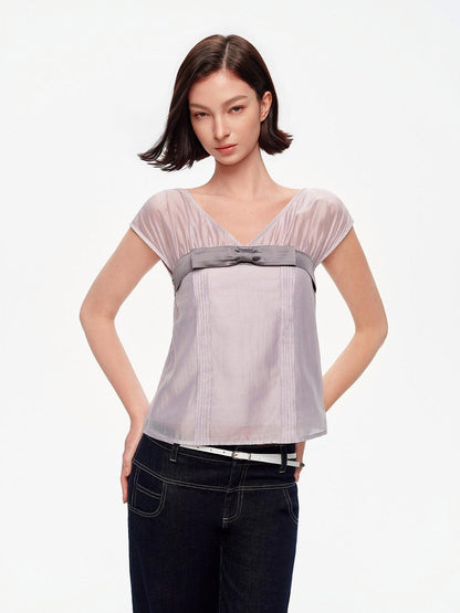 STRIKE A POSE Lilac Colorblock Bow V-neck Pleat Sheer Women&