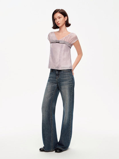 STRIKE A POSE Lilac Colorblock Bow V-neck Pleat Sheer Women&