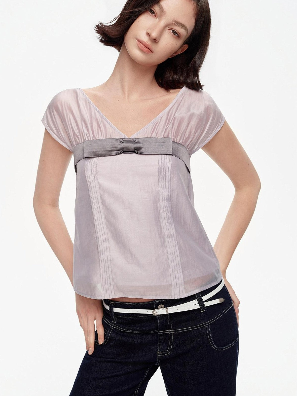 STRIKE A POSE Lilac Colorblock Bow V-neck Pleat Sheer Women&