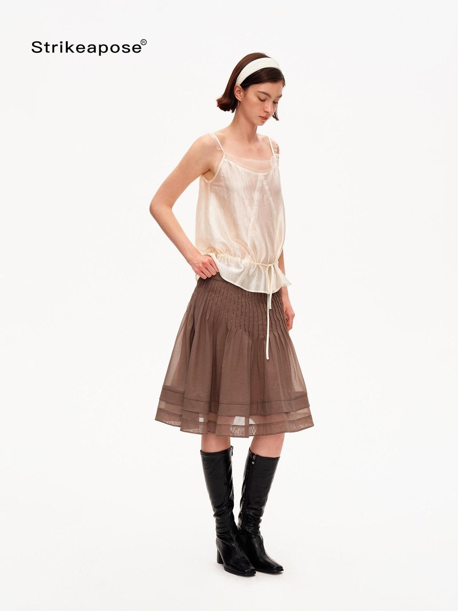 STRIKE A POSE Lustrous Textured Ruffle Mesh Panel A Line Women&
