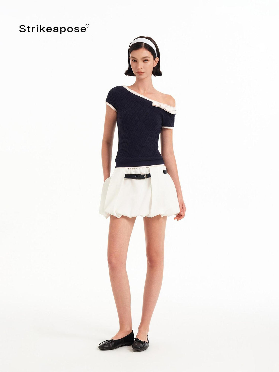 STRIKE A POSE Matte White 3d Bud Gathered Pleat High Waist Aline Women&
