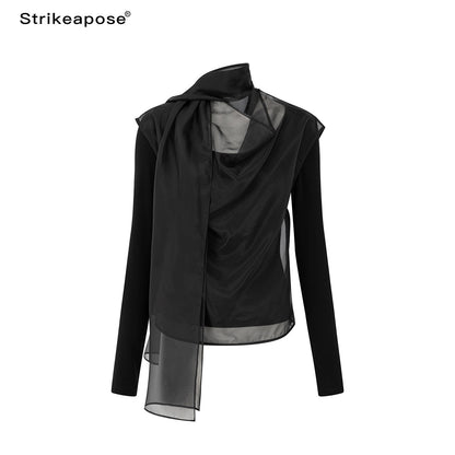 STRIKE_A_POSE_Mesh_Crewneck_Lyocell_Wool_Blend_Loose_Fit_Women&