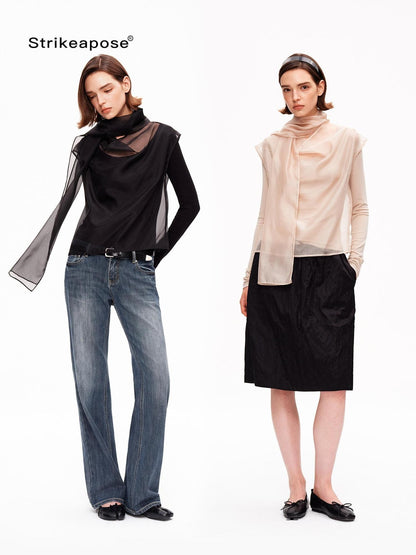 STRIKE A POSE Mesh Crewneck Lyocell Wool Blend Loose Fit Women&