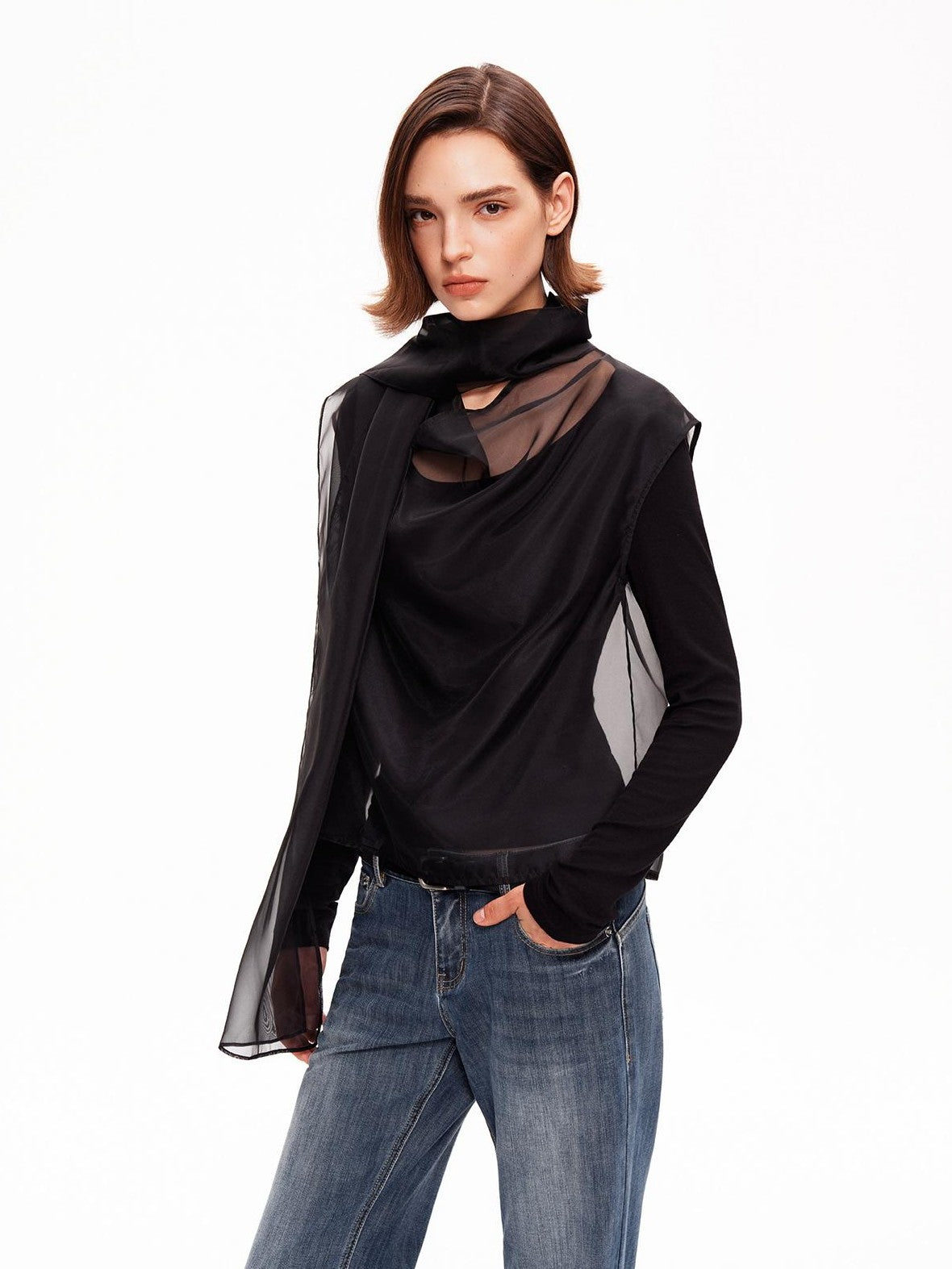 STRIKE A POSE Mesh Crewneck Lyocell Wool Blend Loose Fit Women&