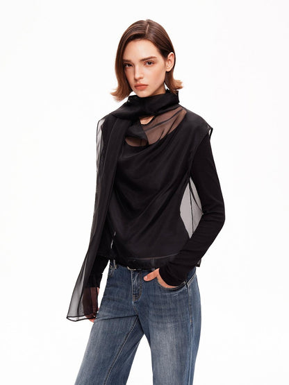 STRIKE A POSE Mesh Crewneck Lyocell Wool Blend Loose Fit Women&