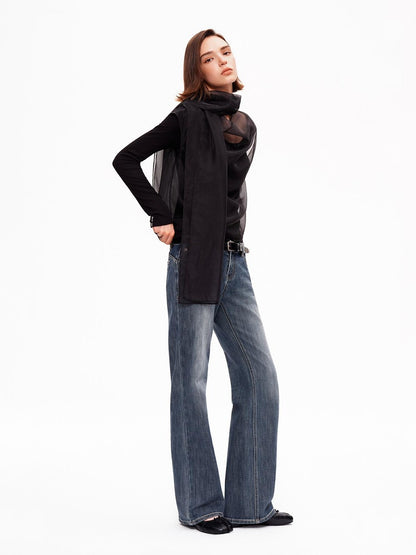 STRIKE A POSE Mesh Crewneck Lyocell Wool Blend Loose Fit Women&