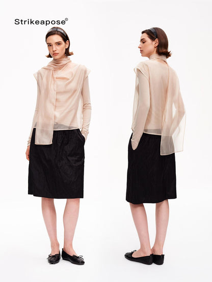 STRIKE A POSE Mesh Crewneck Lyocell Wool Blend Loose Fit Women&