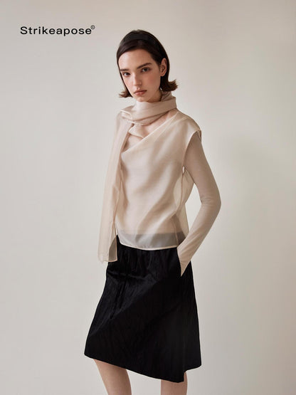 STRIKE A POSE Mesh Crewneck Lyocell Wool Blend Loose Fit Women&