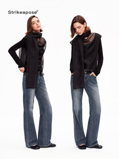 STRIKE A POSE Mesh Crewneck Lyocell Wool Blend Loose Fit Women&