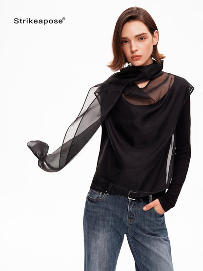 STRIKE A POSE Mesh Crewneck Lyocell Wool Blend Loose Fit Women&