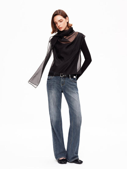 STRIKE A POSE Mesh Crewneck Lyocell Wool Blend Loose Fit Women&