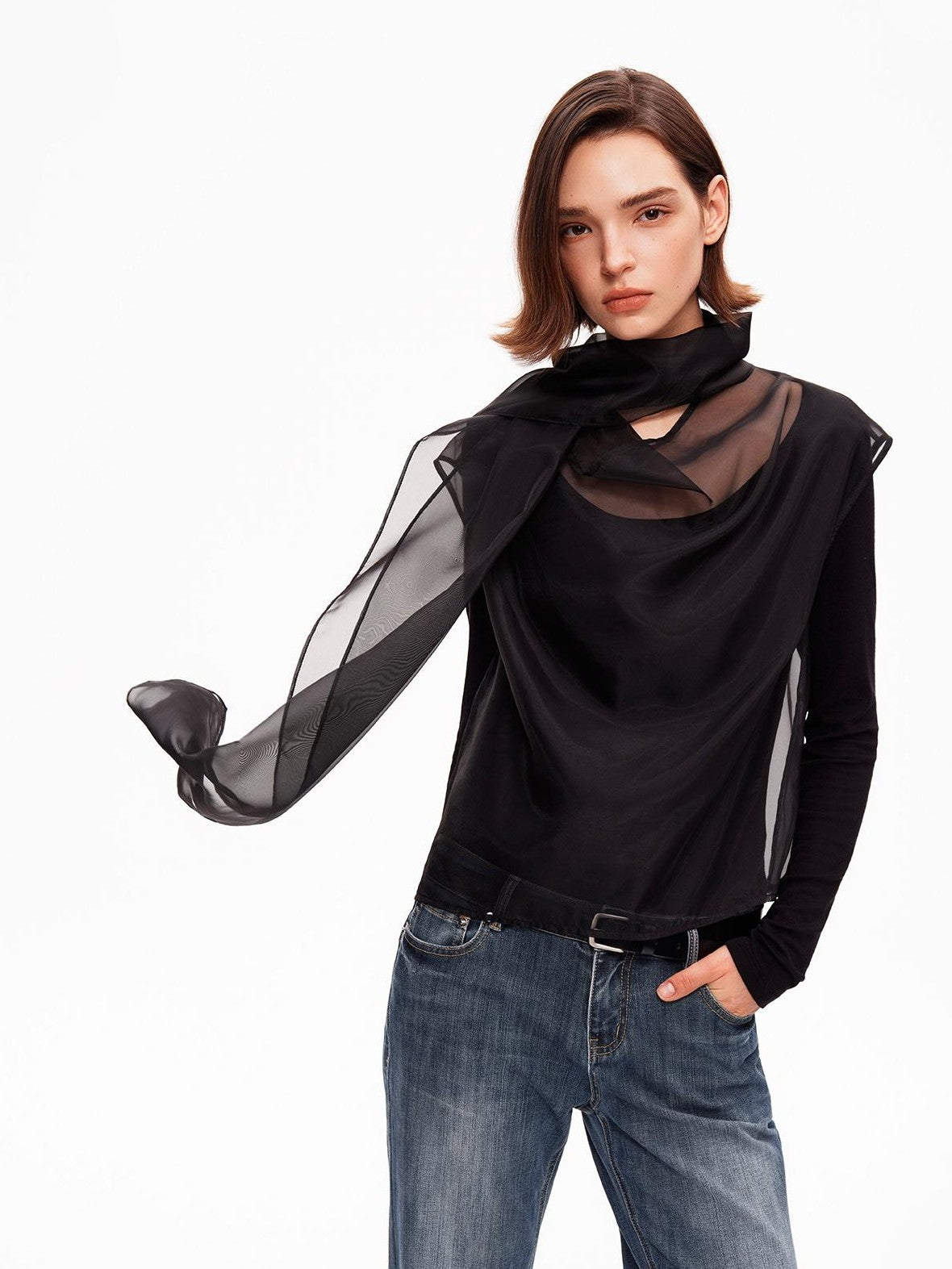 STRIKE A POSE Mesh Crewneck Lyocell Wool Blend Loose Fit Women&