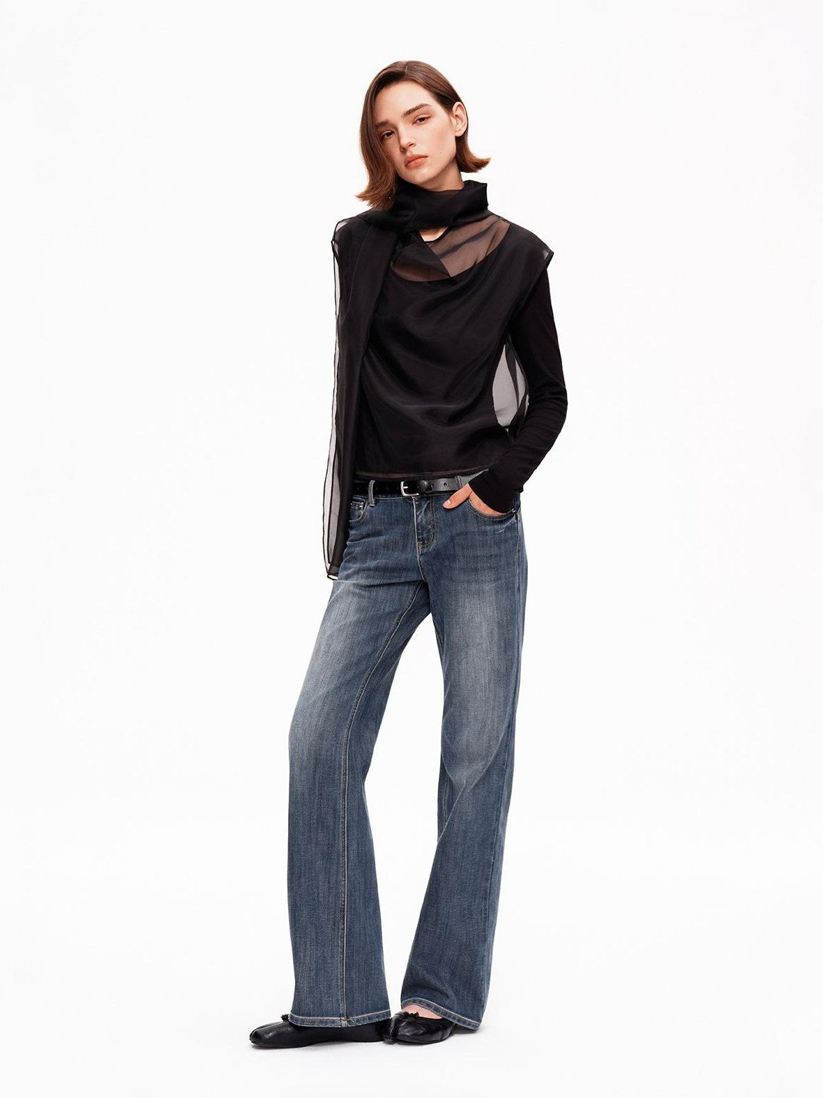STRIKE A POSE Mesh Crewneck Lyocell Wool Blend Loose Fit Women&