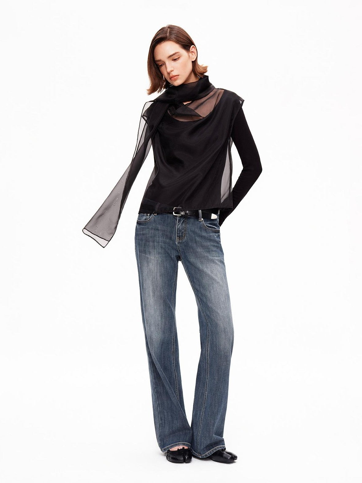 STRIKE A POSE Mesh Crewneck Lyocell Wool Blend Loose Fit Women&