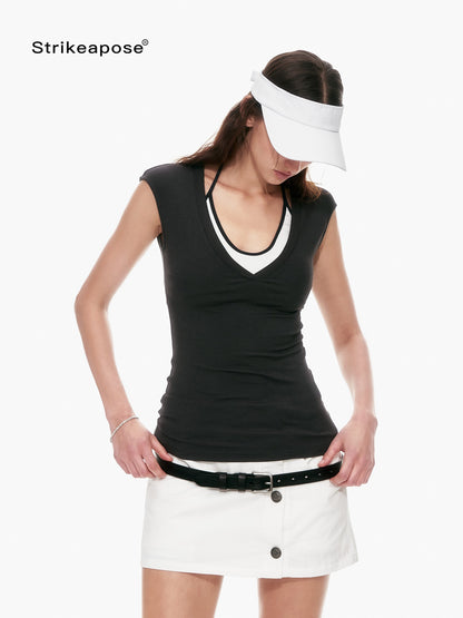 STRIKE A POSE Minimal V-neck Slim Fit Stretch Lightweight Viscose Women&