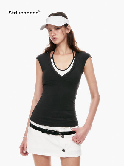 STRIKE A POSE Minimal V-neck Slim Fit Stretch Lightweight Viscose Women&