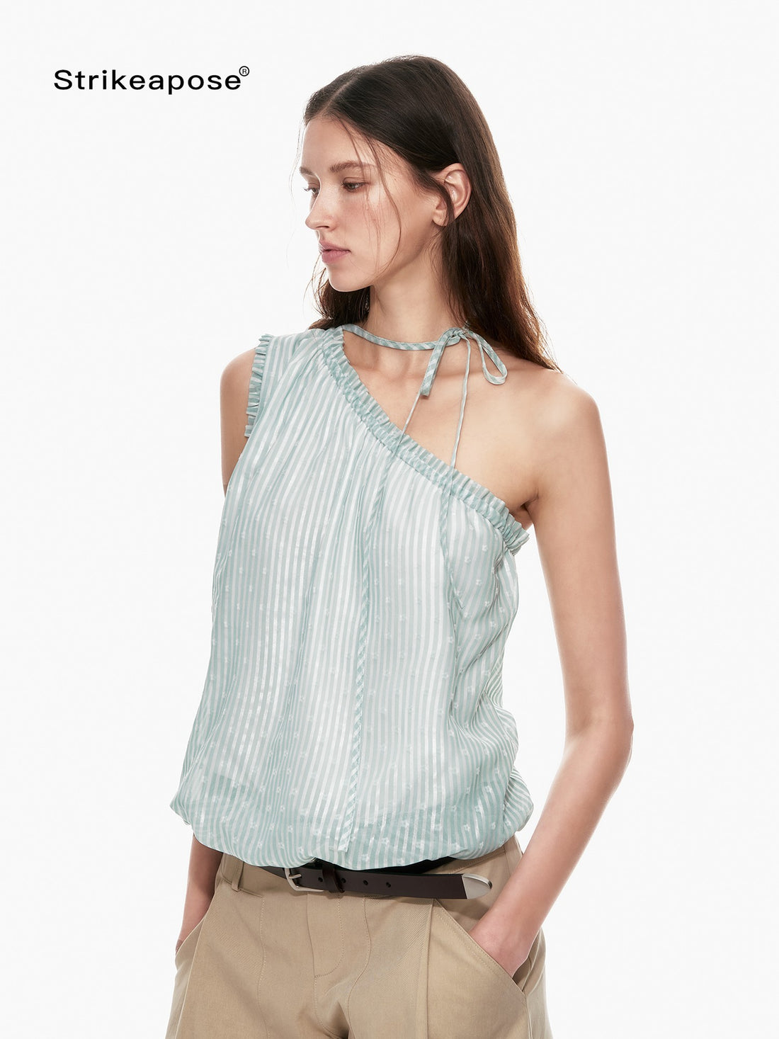 STRIKE A POSE Mint Green Asymmetrical Striped Cinched Tie Women&
