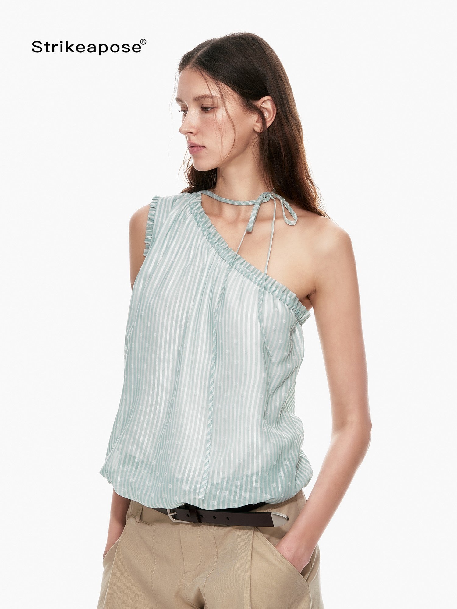 STRIKE A POSE Mint Green Asymmetrical Striped Cinched Tie Women&