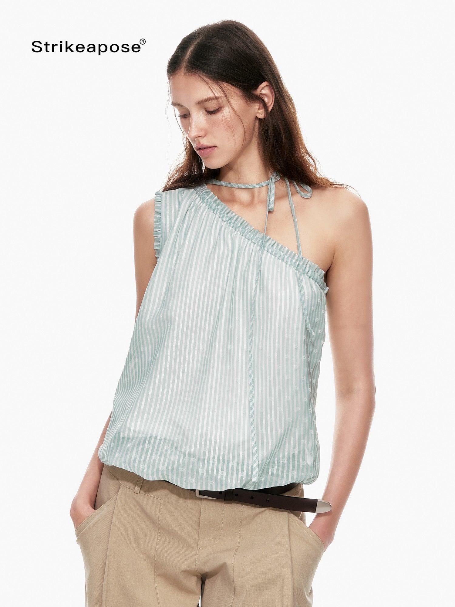 STRIKE A POSE Mint Green Asymmetrical Striped Cinched Tie Women&