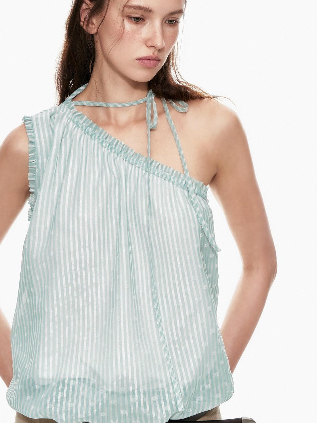 STRIKE A POSE Mint Green Asymmetrical Striped Cinched Tie Women&