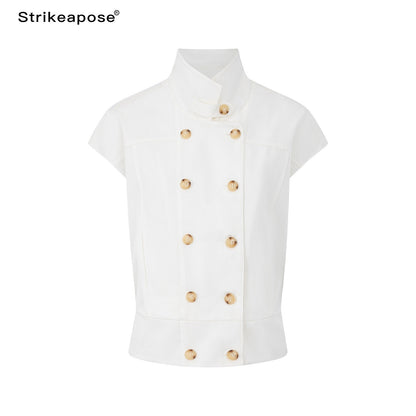 STRIKE_A_POSE_Navy_Double_Row_Button_Yoke_Waist_Cinch_Women&