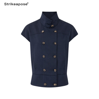 STRIKE_A_POSE_Navy_Double_Row_Button_Yoke_Waist_Cinch_Women&