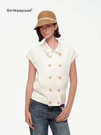 STRIKE A POSE Navy Double Row Button Yoke Waist Cinch Women&