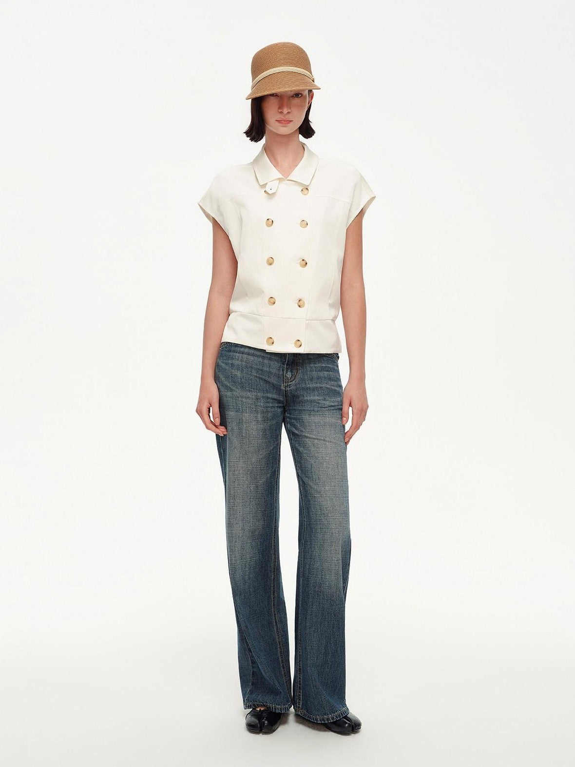 STRIKE A POSE Navy Double Row Button Yoke Waist Cinch Women&