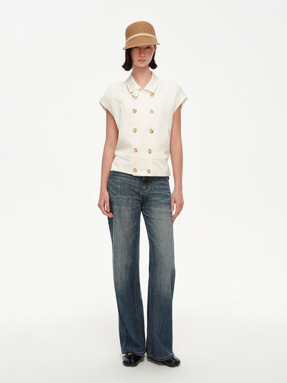 STRIKE A POSE Navy Double Row Button Yoke Waist Cinch Women&
