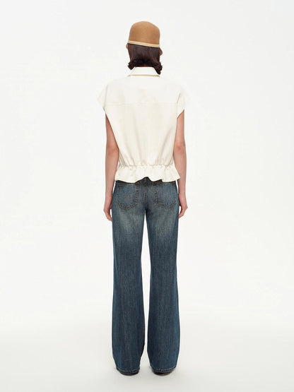 STRIKE A POSE Navy Double Row Button Yoke Waist Cinch Women&