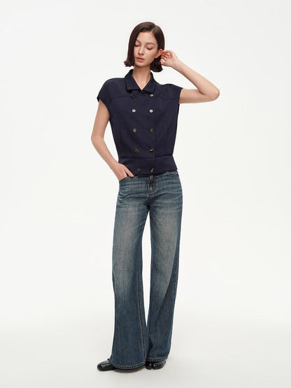 STRIKE A POSE Navy Double Row Button Yoke Waist Cinch Women&