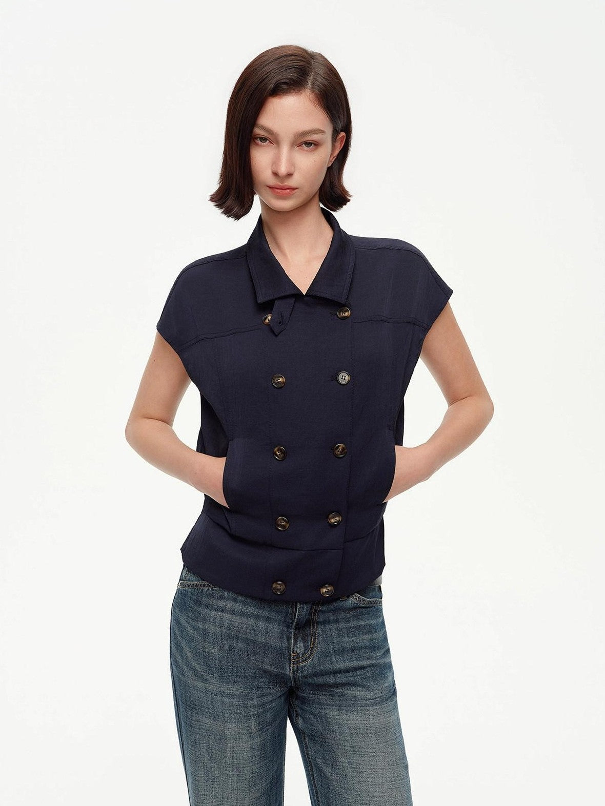 STRIKE A POSE Navy Double Row Button Yoke Waist Cinch Women&