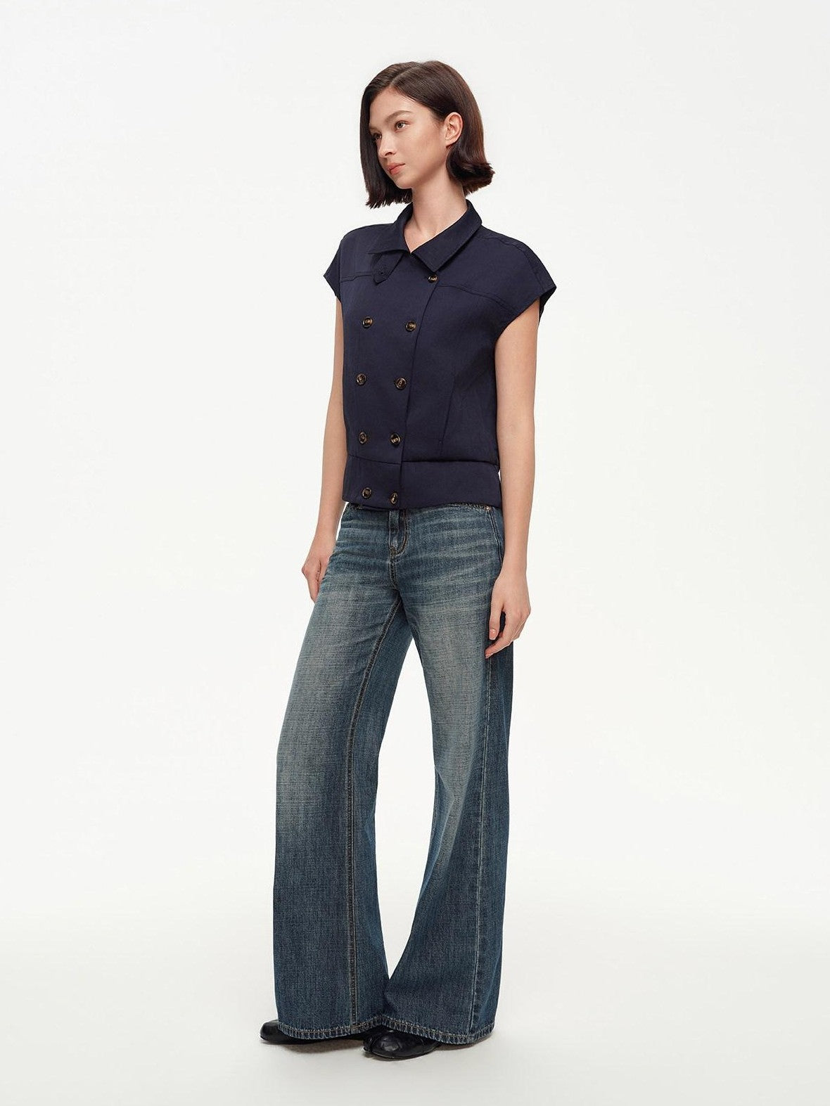 STRIKE A POSE Navy Double Row Button Yoke Waist Cinch Women&