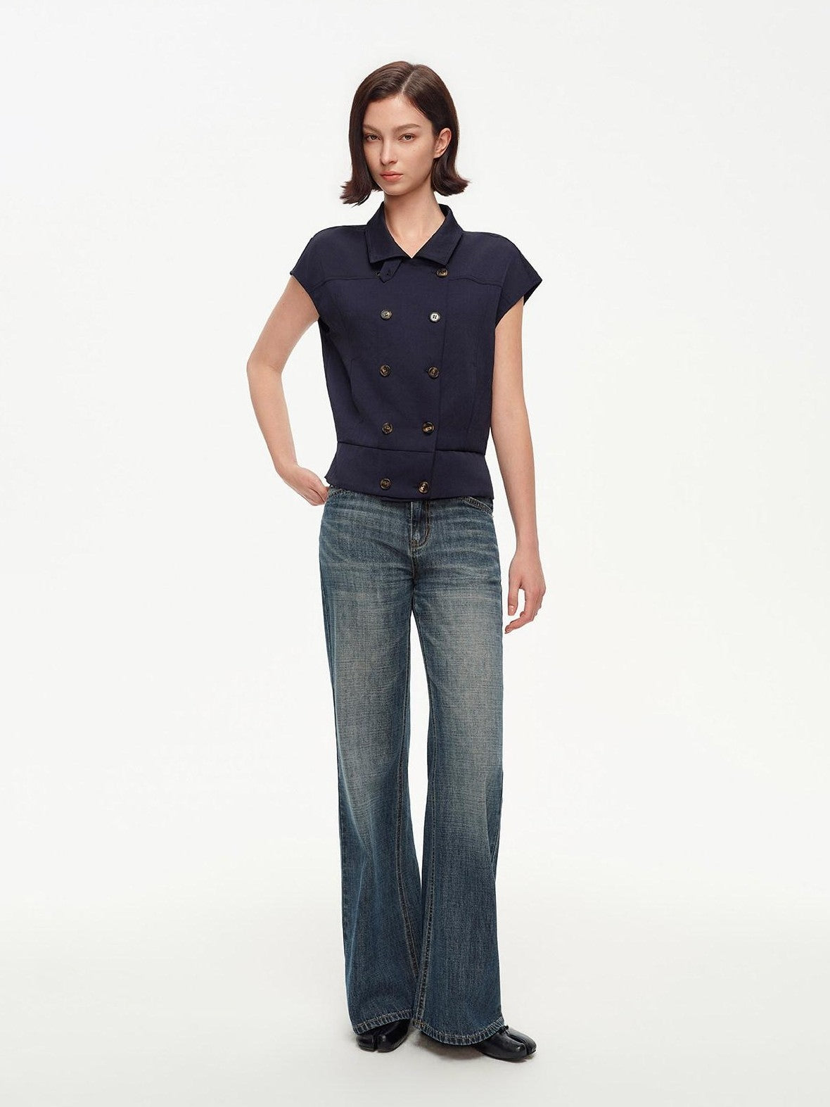 STRIKE A POSE Navy Double Row Button Yoke Waist Cinch Women&