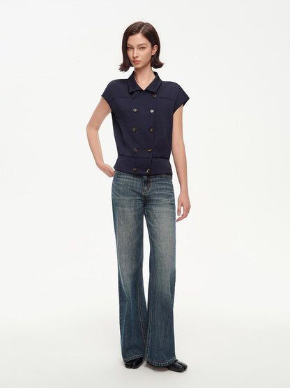STRIKE A POSE Navy Double Row Button Yoke Waist Cinch Women&