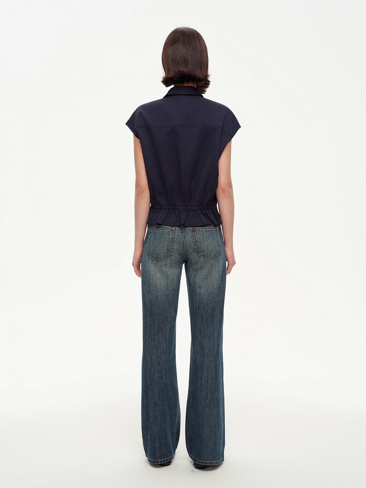 STRIKE A POSE Navy Double Row Button Yoke Waist Cinch Women&