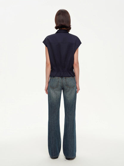 STRIKE A POSE Navy Double Row Button Yoke Waist Cinch Women&