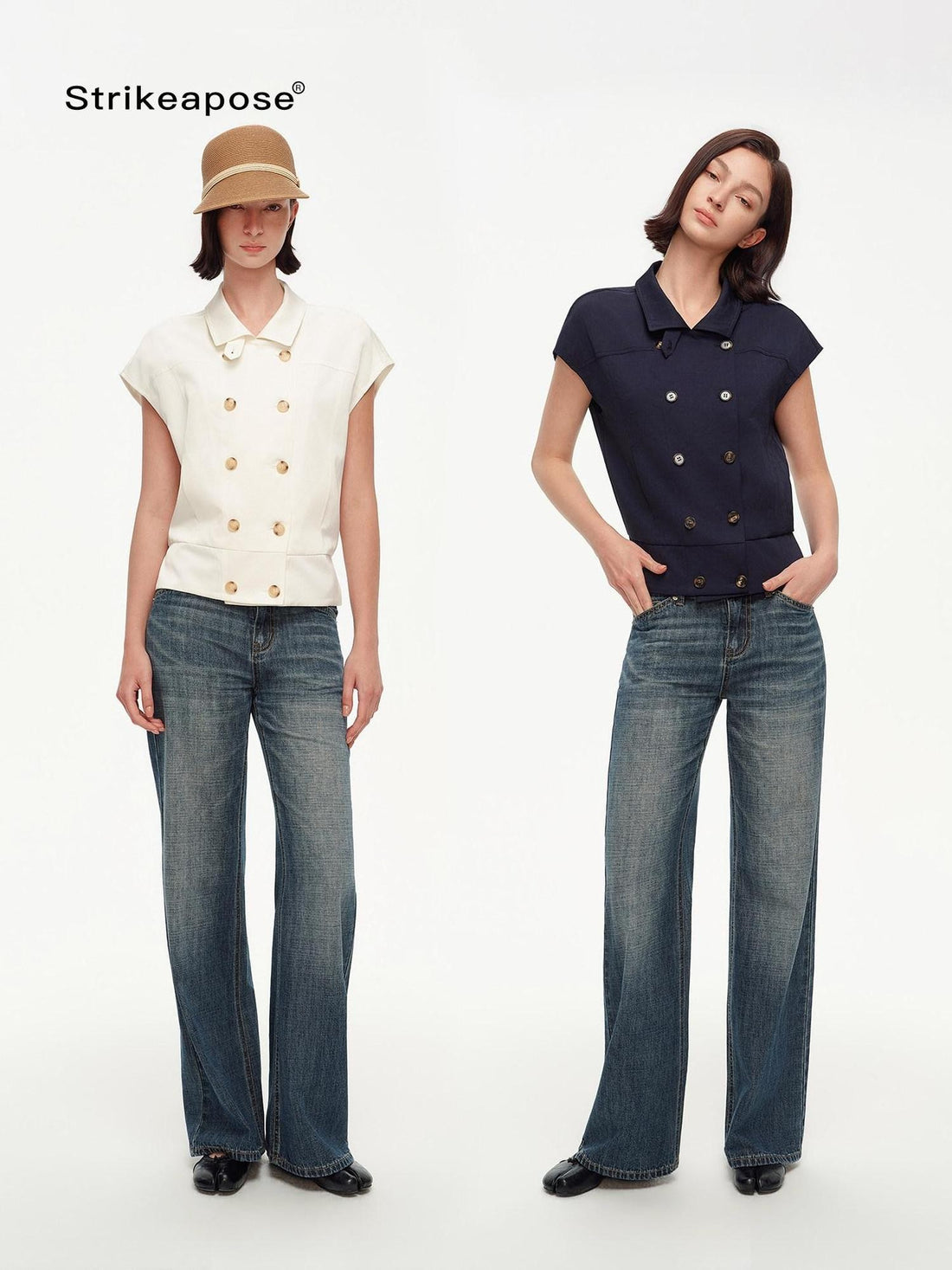 STRIKE A POSE Navy Double Row Button Yoke Waist Cinch Women&