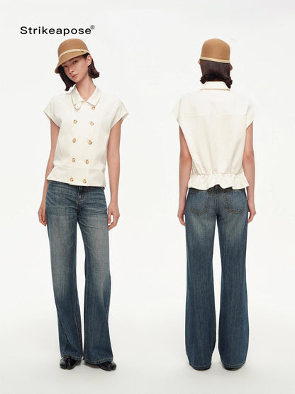 STRIKE A POSE Navy Double Row Button Yoke Waist Cinch Women&