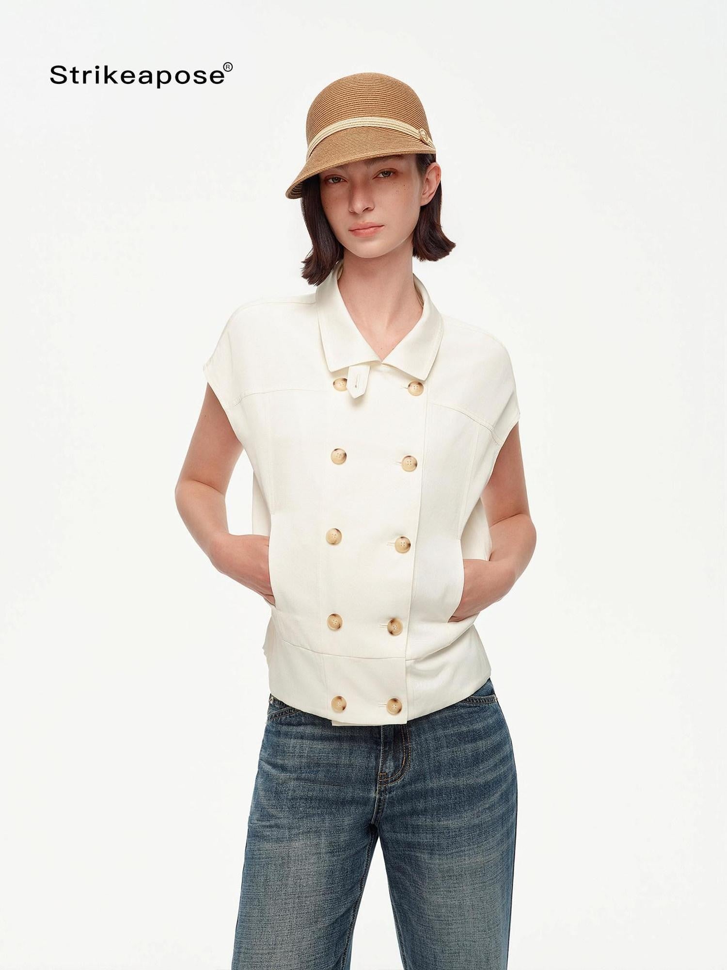 STRIKE A POSE Navy Double Row Button Yoke Waist Cinch Women&