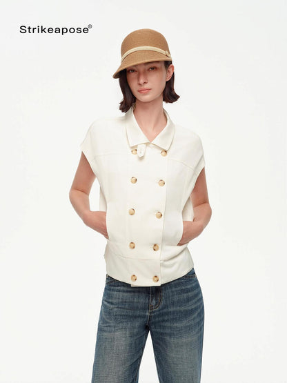 STRIKE A POSE Navy Double Row Button Yoke Waist Cinch Women&