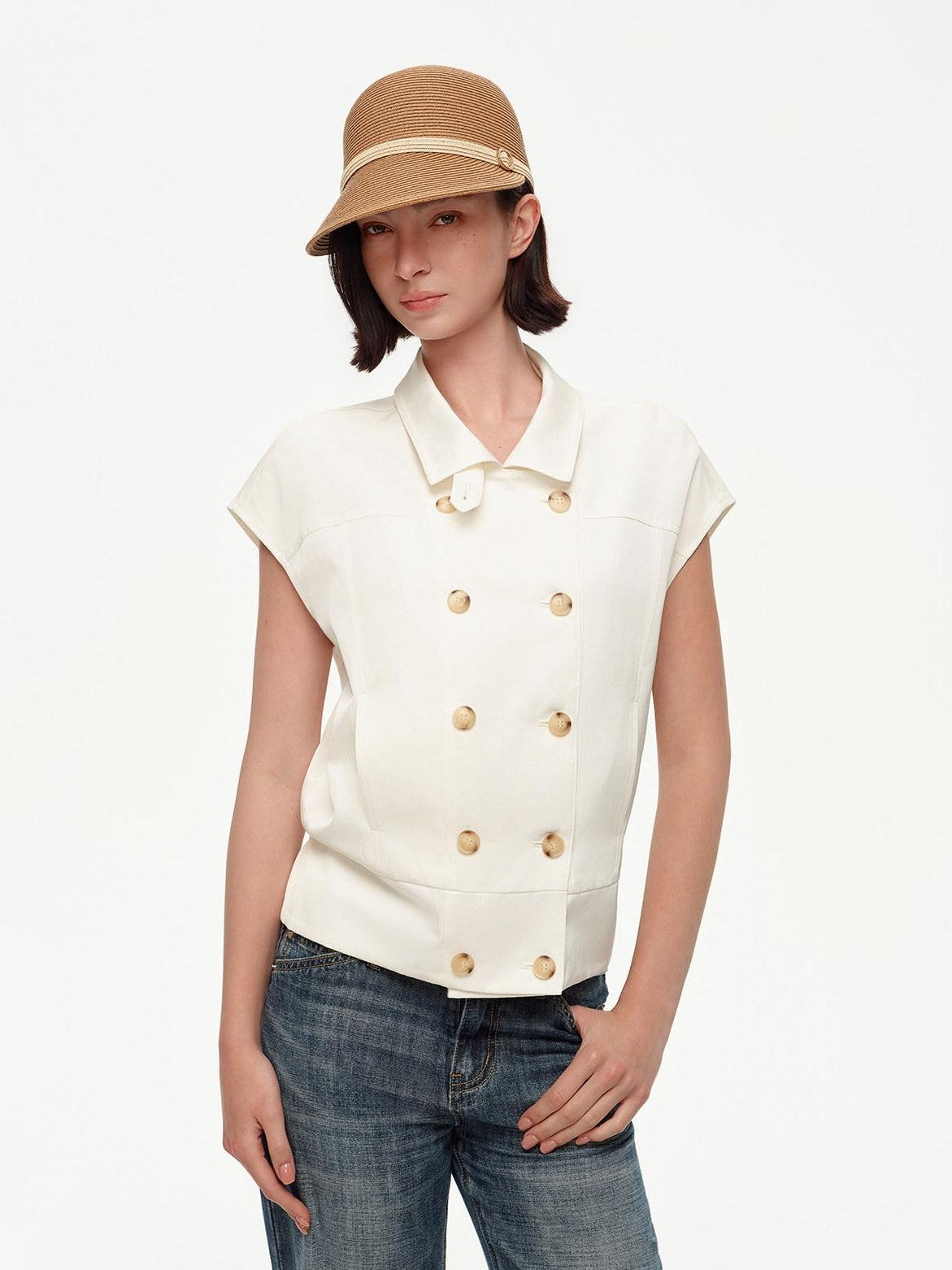STRIKE A POSE Navy Double Row Button Yoke Waist Cinch Women&