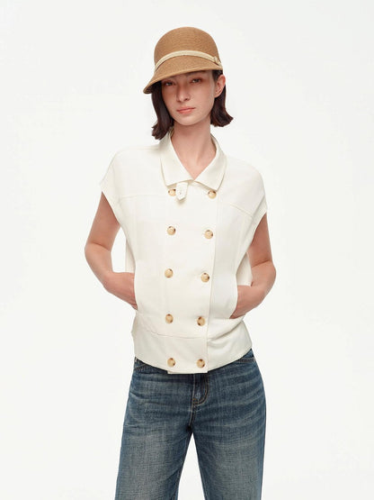 STRIKE A POSE Navy Double Row Button Yoke Waist Cinch Women&