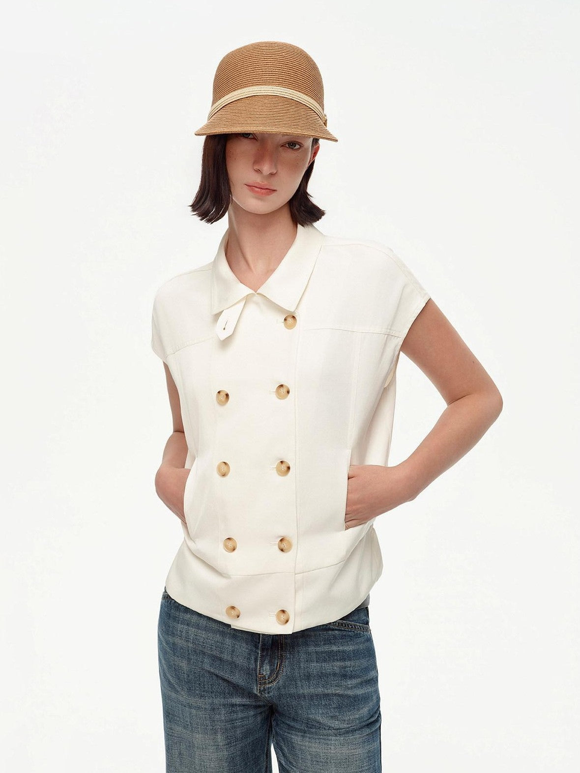 STRIKE A POSE Navy Double Row Button Yoke Waist Cinch Women&