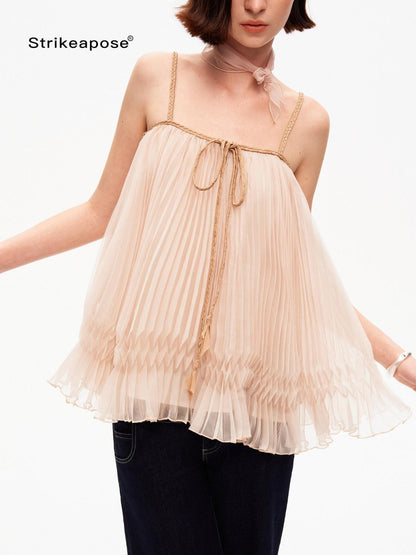 STRIKE A POSE Oatmeal A Line Pin Tuck Braided Tie Square Neck Women&