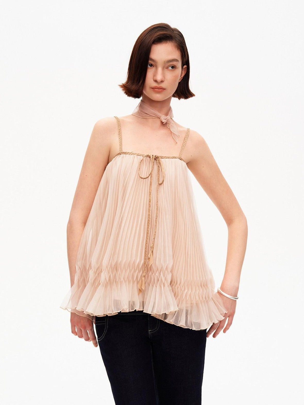 STRIKE A POSE Oatmeal A Line Pin Tuck Braided Tie Square Neck Women&