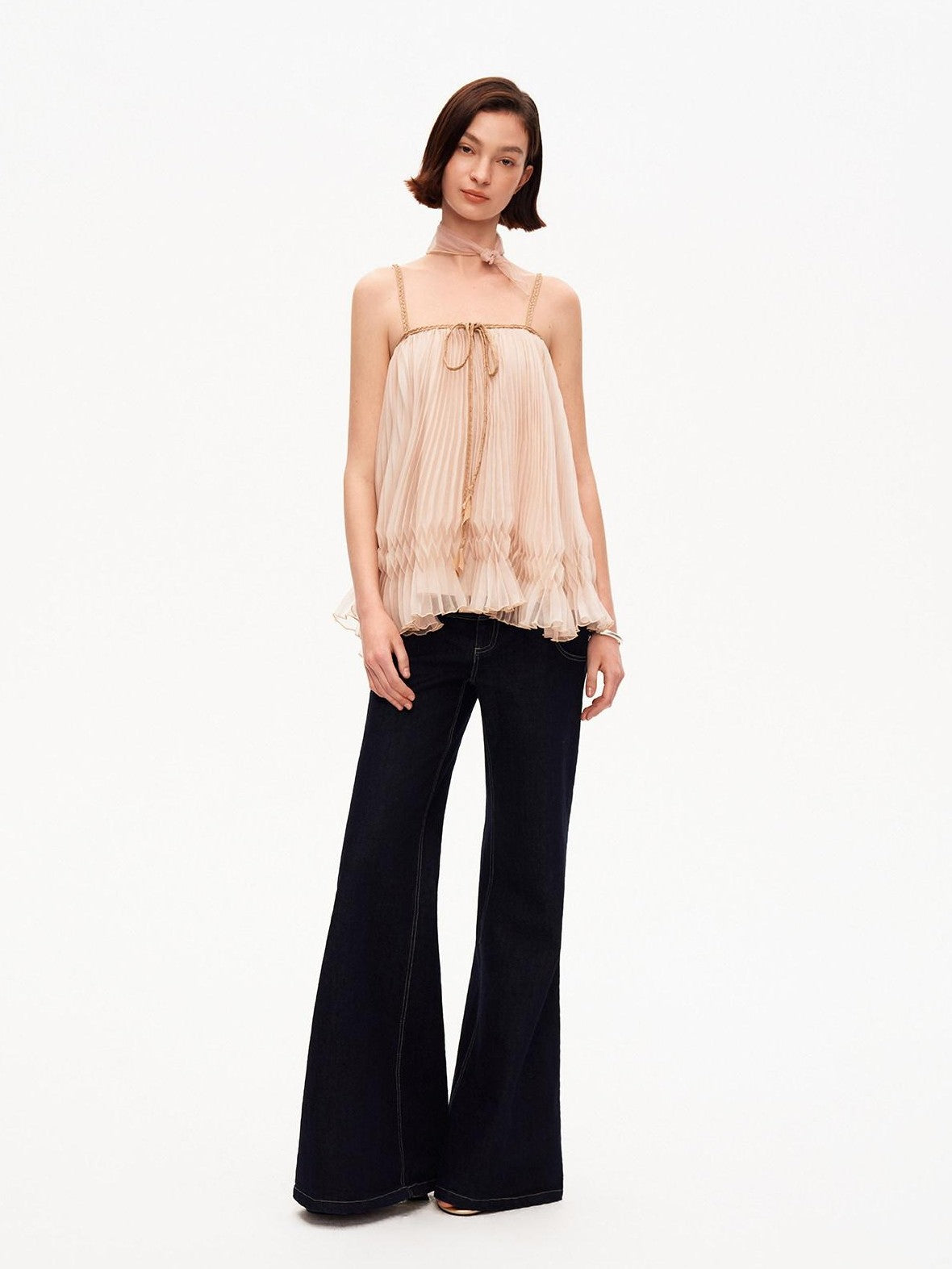 STRIKE A POSE Oatmeal A Line Pin Tuck Braided Tie Square Neck Women&