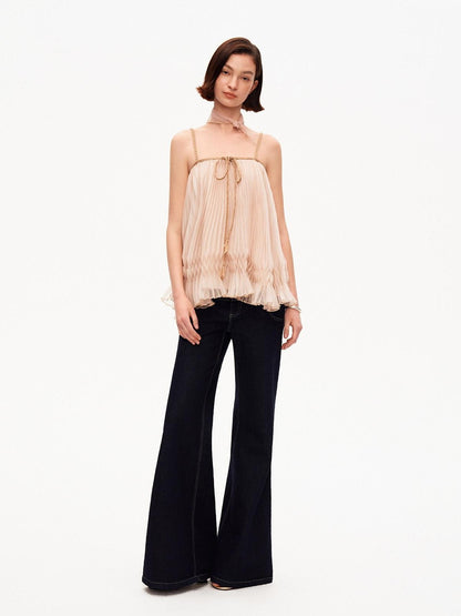 STRIKE A POSE Oatmeal A Line Pin Tuck Braided Tie Square Neck Women&